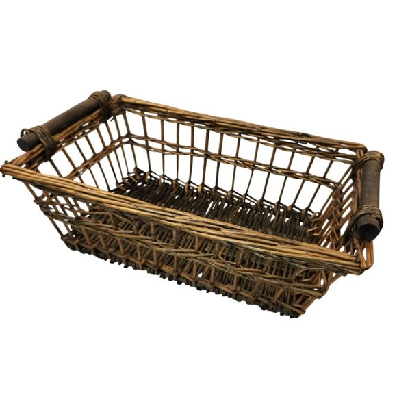 Vintage Rustic Wicker Basket Wooden Handles Rectangular Storage Organizer 14x10x - Picture 1 of 9
